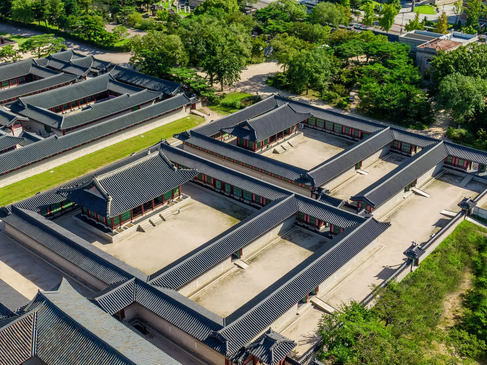 Aerial view of the Donggung compound at Gyeongbokgung, showing several separate halls around walled courtyards
