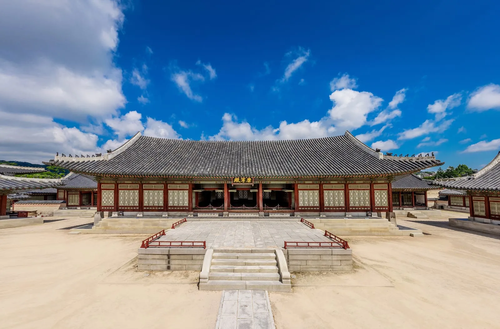 Gangnyeongjeon Hall at Gyeongbokgung, the king's sleeping quarters, seen across its empty courtyard