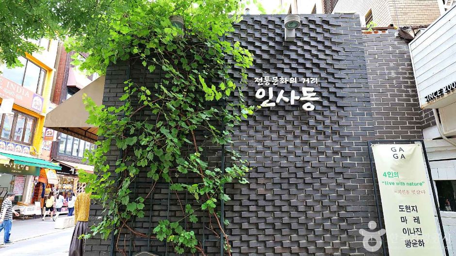 The word 인사동 carved in Hangul on a dark stone wall covered with climbing greenery